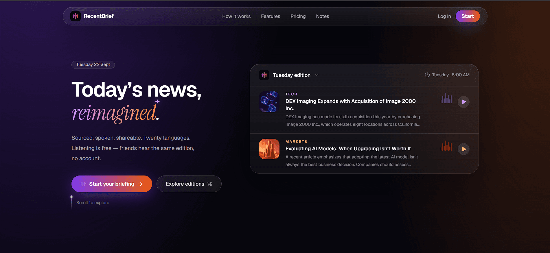 RecentBrief — Homepage & audio player